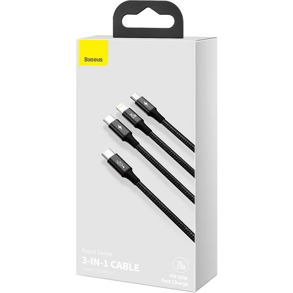 Baseus Dátový kábel Rapid 3v1 USB-C/microUSB, Lightning, USB-C 1,5m PD 20W čierny - Káble - Obrázok 83PB000N01