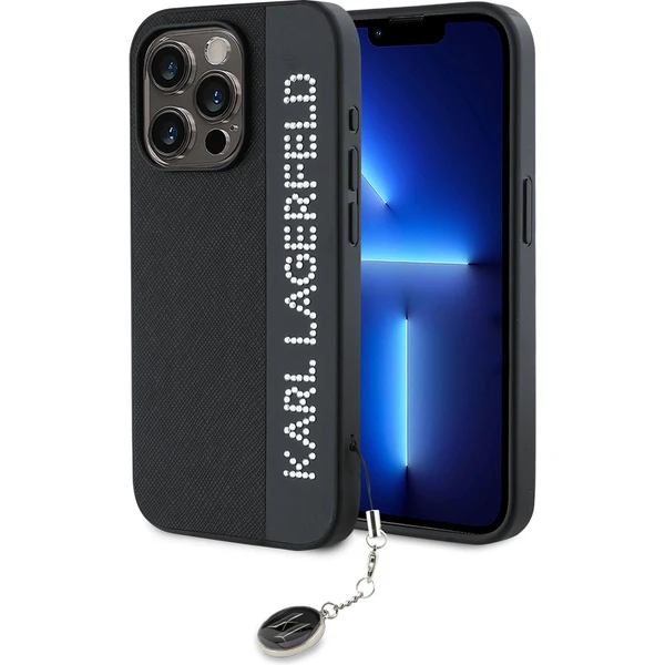 Karl Lagerfeld PU Saffiano Rhinestone Charm zadný kryt iPhone 15 Pre čierny - Puzdra - Hlavný obrázok