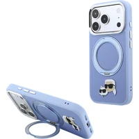 Karl Lagerfeld PU Grained K&CH Heads Ring Stand Magsafe kryt iPhone 18 Pro Max modrý - Puzdra