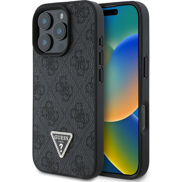 Guess PU 4G Strass Triangle Metal Logo kryt pre iPhone 16 Pro čierny - Puzdra - Hlavný obrázok