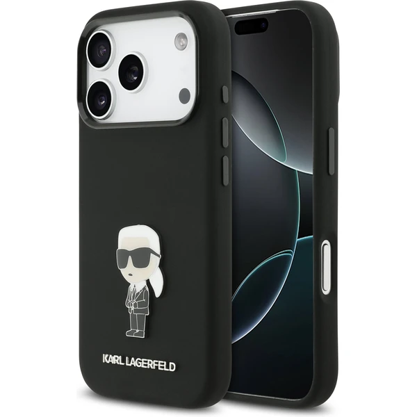 Karl Lagerfeld Liquid Silicone Metal Ikonik kryt iPhone 17 Pro čierny - Puzdra - Hlavný obrázok