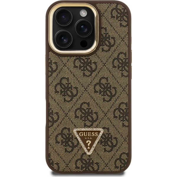 Guess PU 4G Strass Triangle Logo Stand Camera Frame MagSafe kryt iPhone 16 Pre hnedý - Puzdra - Obrázok 8621be79dd3f4780a55c2e37480dcc2e