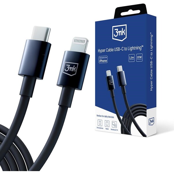 3mk Hyper Cable USB-C/Lightning dátový kábel, 20W, 1,2m čierny