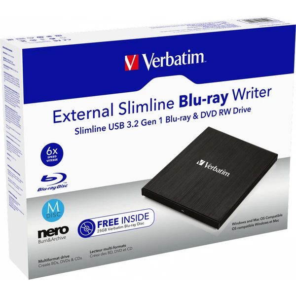 VERBATIM externá mechanika Slimline Blu-ray napaľovačka USB 3.0 + Zadarmo BR Disc 25GB + NERO - Optické mechaniky - Obrázok 8653000O01
