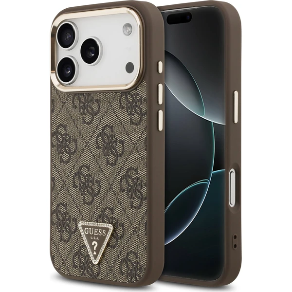 Guess PU Leather 4G Strass Triangle Logo Gold Frame MagSafe Zadný kryt pre iPhone 18 Pro Brown - Puzdra - Hlavný obrázok