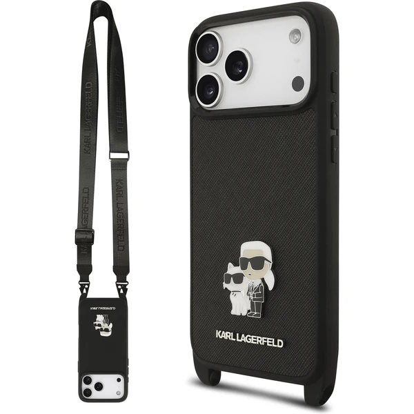 Karl Lagerfeld Saffiano Crossbody Popruh Metal Karl and Choupette kryt iPhone 17 Pro Max čierny - Puzdra - Hlavný obrázok