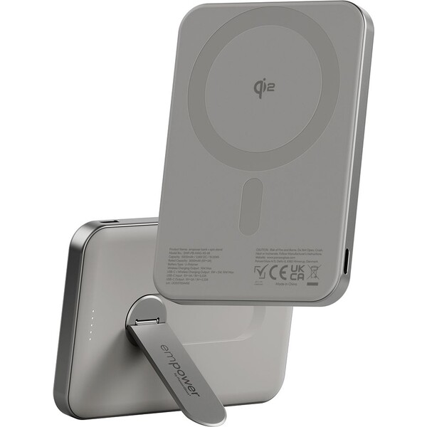 E-shop PanzerGlass® empower bezdrôtová Qi2 powerbanka 5000 mAh, MagSafe, otočný stojan, sivá
