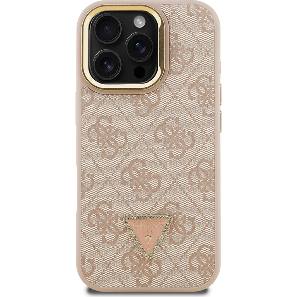 Guess PU 4G Strass Triangle Logo Stand Camera Frame MagSafe kryt iPhone 16 Pre ružový - Puzdra - Obrázok 88452e82196d4291865f0523087481e6
