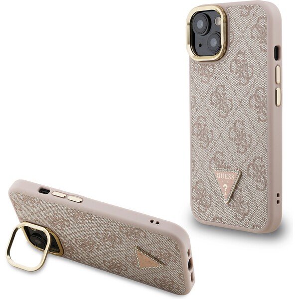 Guess PU 4G Strass Triangle Logo Stand Camera Frame MagSafe Zadný Kryt pre iPhone 13 Pink