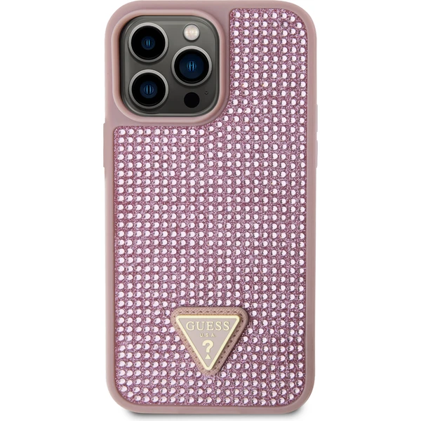 Guess Rhinestones Trojuholníkový kovový kryt loga pre iPhone 15 Pro Max ružový - Puzdra - Obrázok 8892000N01
