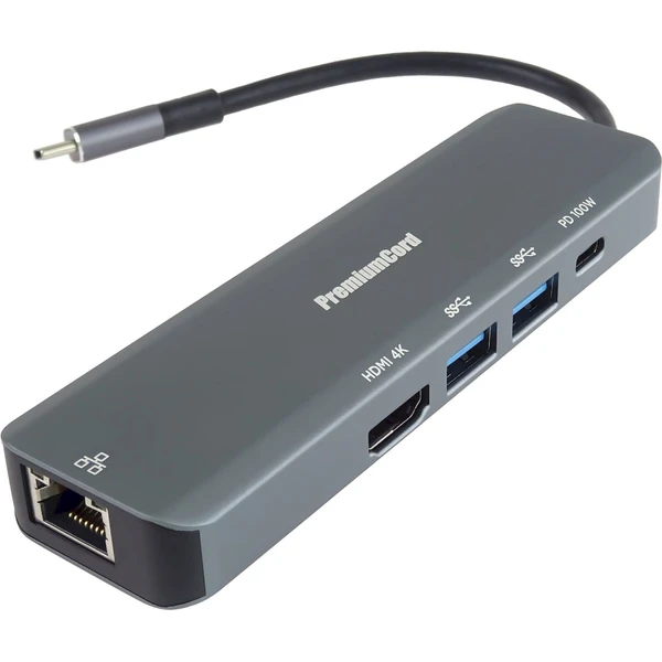 PremiumCord USB-C na HDMI + 2x USB3.2 + PD 100W + RJ45 10/100/1000Mbps adaptér - Dokovacie stanice - Hlavný obrázok