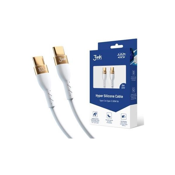 3mk Hyper Silicone Cable USB-C/USB-C dátový kábel, 2m, 100W biely