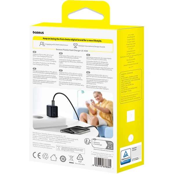 Rýchlonabíjačka do siete Baseus PicoGo GaN 45W USB-C PD čierna - Nabíjačky - Obrázok 8EGE000L01