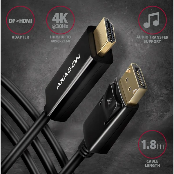 AXAGON DisplayPort 1.2/HDMI 1.4 kábel 4K 1,8m čierny - Káble a redukcie - Obrázok 8GD0700301