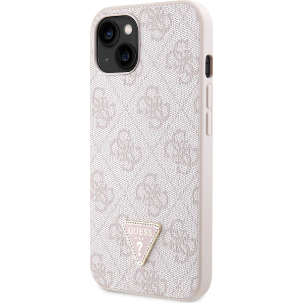 Guess PU 4G Strass Triangle Metal Logo kryt iPhone 15 ružový - Puzdra - Obrázok 8IK8000601