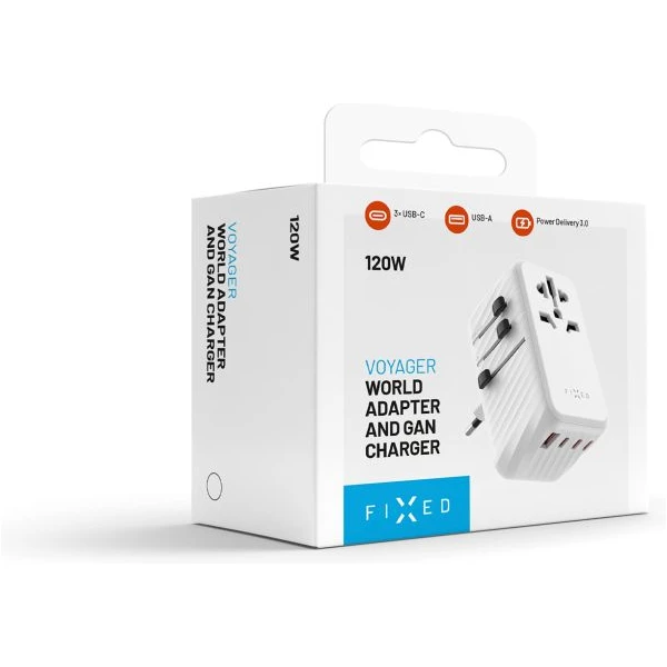 FIXED Voyager (120W) cestovný adaptér EU/UK/USA/AUS, 3xUSB-C a 1xUSB, GaN, PD, biely - Nabíjačky - Obrázok 8a519cf0d2ed456ba6d8119d769ed7b6