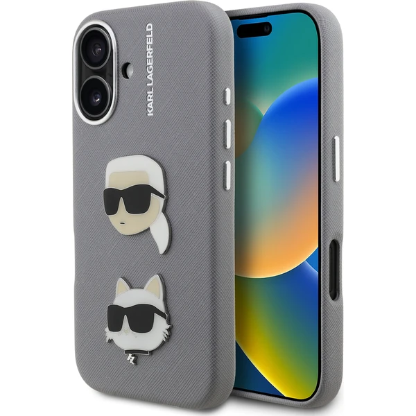 Karl Lagerfeld Grained PU K&CH Heads kryt iPhone 16 sivý - Puzdra - Hlavný obrázok