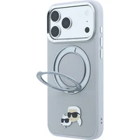Karl Lagerfeld PU Grained K&CH Heads Ring Stand Magsafe kryt iPhone 18 Pro Max sivý - Puzdra