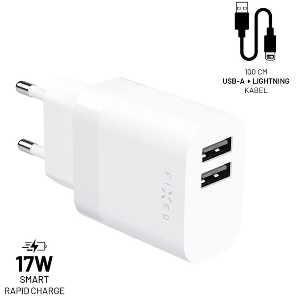 FIXED nabíjačka s USB-A/Lightning káblom, 1 m, MFi, 17W, biela - Nabíjačky - Hlavný obrázok