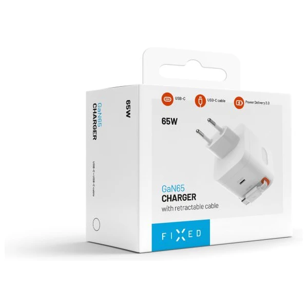 FIXED GaN nabíjačka s 2xUSB-C, PD 3.0, s automaticky navíjacím káblom, 65W, biela - Nabíjačky - Obrázok 8c0f808b26e34d8f8f148a14ad3db323