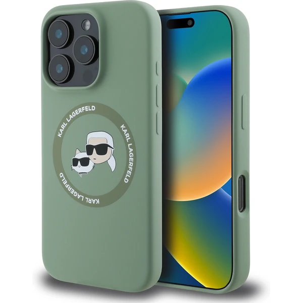 Karl Lagerfeld Liquid Silicone K&CH Heads MagSafe kryt iPhone 16 Pro zelený - Puzdra - Hlavný obrázok