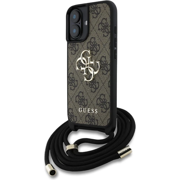 Guess PU 4G Metal Logo Crossbody popruh kryt iPhone 16 hnedý - Puzdra - Hlavný obrázok