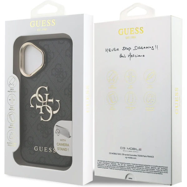 Guess PU 4G Metal Logo Stand Camera Frame kryt iPhone 16 čierny - Puzdra - Obrázok 92b0e9e9eff542c187f44e7842b10a31