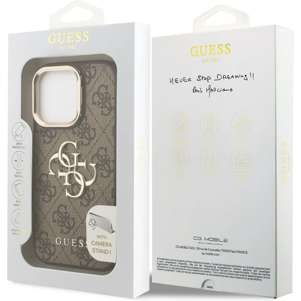 Guess PU 4G Metal Logo Stand Camera Frame kryt iPhone 15 Pre hnedý - Puzdra - Obrázok 937a9d517a6f48d9adbfb48aac6ecd32