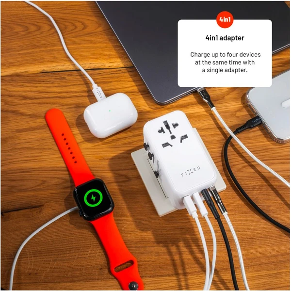 FIXED Voyager (120W) cestovný adaptér EU/UK/USA/AUS, 3xUSB-C a 1xUSB, GaN, PD, biely - Nabíjačky - Obrázok 9418490ee9e84a7b9f6ce6724c91ab39
