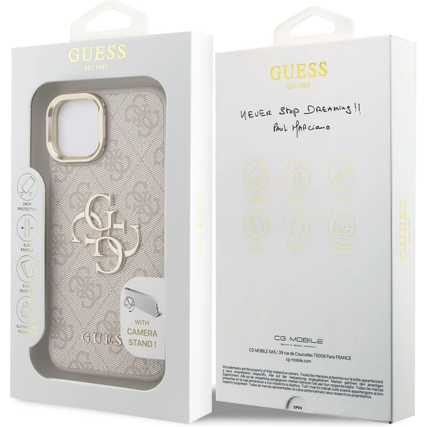 Guess PU 4G Metal Logo Stand Camera Frame kryt iPhone 15 ružový - Puzdra - Obrázok 948361f39b6d497984fcaed2df51197d