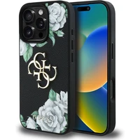 Guess PU Grained Roses 4G Metal Logo kryt iPhone 16 Pre čierny - Puzdra