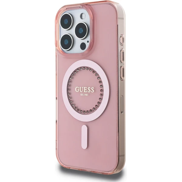 Guess IML Rhinestones Ring MagSafe kryt pre iPhone 16 Pre ružový - Puzdra - Obrázok 9527d60d685b481f905f6c803b72fe29