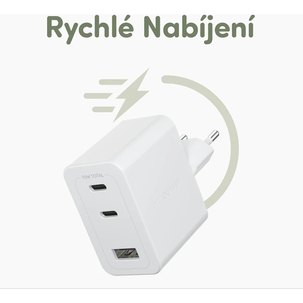 PanzerGlass® empower nabíjačka Turbo GaN (70 W) 2x USB-C + 1x USB-A, biela - Nabíjačky - Obrázok 963J000K01