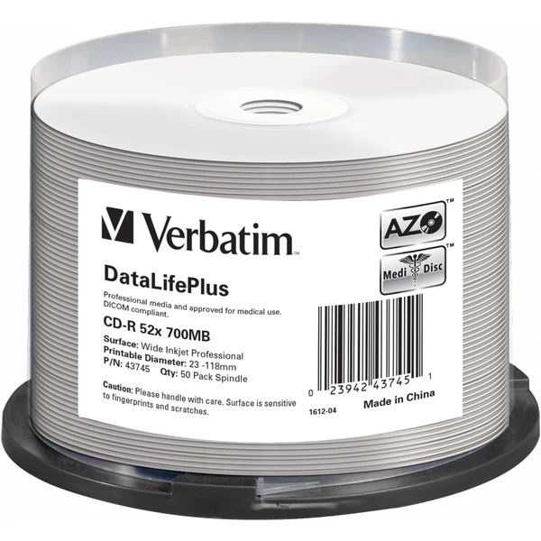 VERBATIM CD-R(50 ks) spindl, AZO 52X,700MB,biely, bez loga, možnosť potlače - Optické disky - Hlavný obrázok