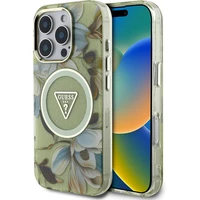 Guess IML Glitter Magnolia a Triangle Logo MagSafe kryt iPhone 16 Pre Max zelený - Puzdra