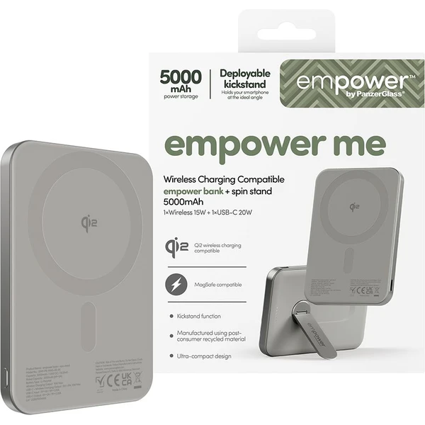 PanzerGlass® empower bezdrôtová Qi2 powerbanka 5000 mAh, MagSafe, otočný stojan, sivá - Powerbanky - Obrázok 983J000K01