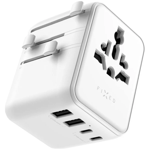 FIXED Voyager (70W) cestovný adaptér pre EU/UK/USA/AUS, 3xUSB-C a 2xUSB, GaN, PD biely - Nabíjačky - Hlavný obrázok