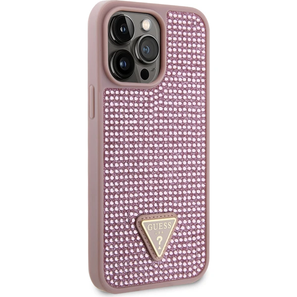 Guess Rhinestones Trojuholníkový kovový kryt loga pre iPhone 15 Pro Max ružový - Puzdra - Obrázok 9892000N01