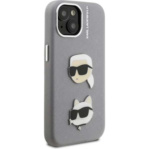 Karl Lagerfeld Grained PU K&CH Heads kryt iPhone 15 sivý - Puzdra - Obrázok 998396ebfc6e44798c31404684b6c729