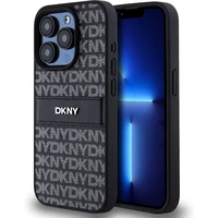 DKNY PU Leather Repeat Pattern Tonal Stripe Zadný Kryt pre iPhone 14 Pro Black - Puzdra