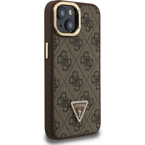 Guess PU 4G Strass Triangle Logo Stand Camera Frame MagSafe kryt iPhone 13 hnedý - Puzdra - Obrázok 99cb70f6e4d34b5e85387d99feee03eb