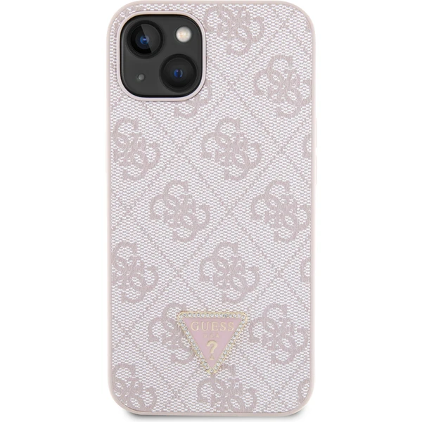 Guess PU 4G Strass Triangle Metal Logo kryt iPhone 15 ružový - Puzdra - Obrázok 9IK8000601