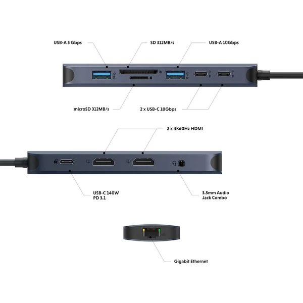 Hyper® EcoSmart™ Gen.2 Dual HDMI USB-C 11-in-1 Hub 140W PD 3.1 dokovacia stanica - USB huby - Obrázok 9R60000L01