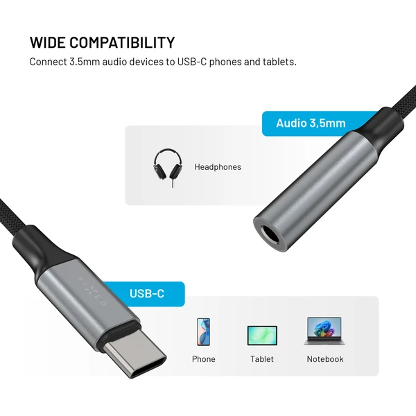 FIXED Link hliníková redukce USB-C na 3,5mm jack, vesmírně šedá - Káble a redukcie - Obrázok 9ad737054fdb420484fb9153c60fc91a