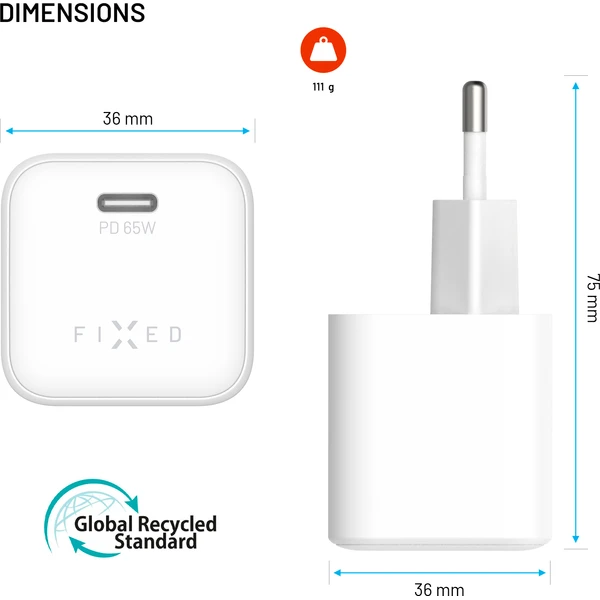 FIXED Mini set sieťovej GaN nabíjačky s USB-C výstupom a USB-C/USB-C káblom, PD, 65W, (2m) biely - Nabíjačky - Obrázok 9ce19b8c7c194e1dab45dd08eac85377