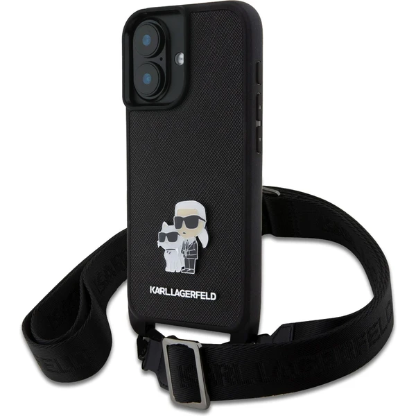 Karl Lagerfeld Saffiano Crossbody Popruh Metal Karl and Choupette kryt pre iPhone 16 čierny - Puzdra - Hlavný obrázok