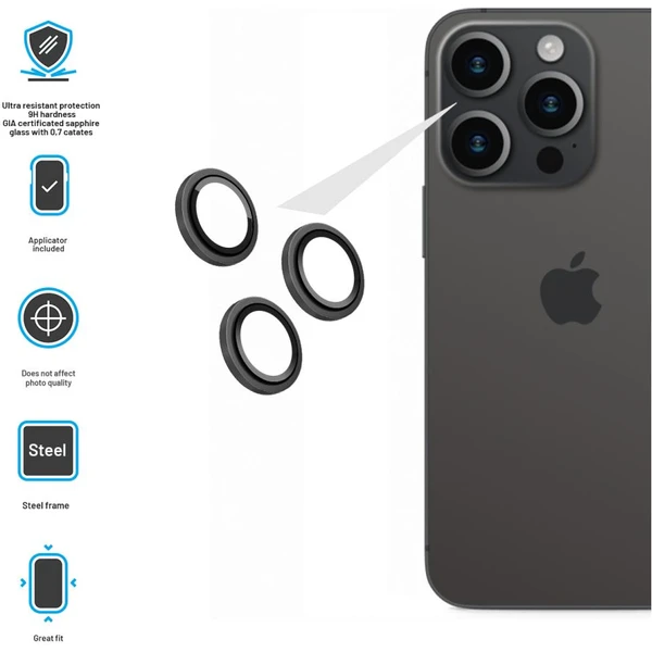 FIXED Sapphire Camera Glass ochranné sklá Apple iPhone 15 Pro/15 Pro Max čierna - Ochranné fólie a sklo - Obrázok 9f01a1e96a364fa1a8b2154bc732519a