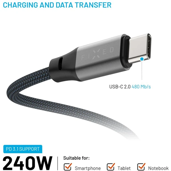 FIXED magnetický USB-C/USB-C kábel s opletením a Power Delivery, 1.2m, 240W, USB 2.0, sivý - Káble - Obrázok 9f1bc23bb2bb4ac6b4f3b1794c605dce