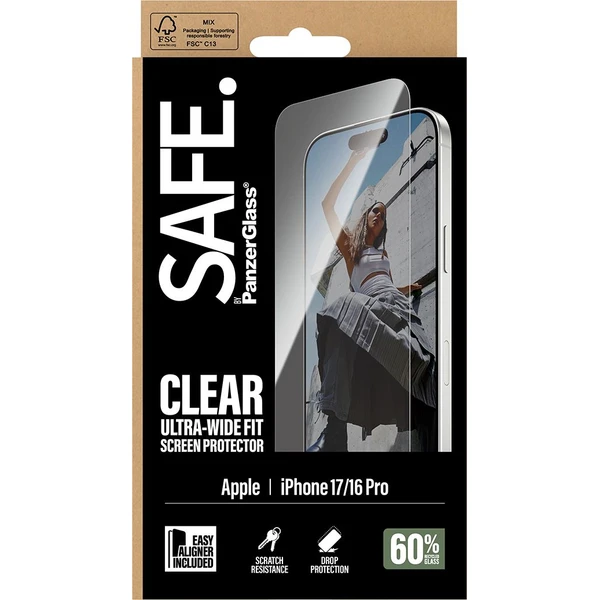 PanzerGlass® SAFE Ultra-Wide Fit sklo Apple iPhone 17/16 Pro s inštalačným rámčekom - Ochranné fólie a sklo - Obrázok A2KH000K01