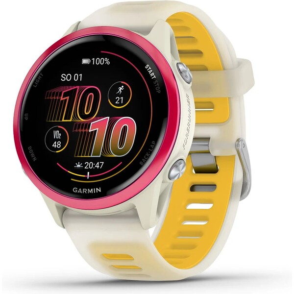 Garmin Forerunner 570 42 mm ružová hliníková luneta s bielo-žltým polopriehľadným remienkom